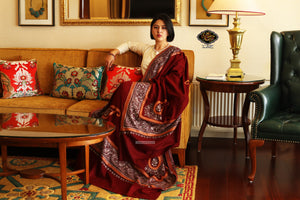 Maroon Embroidered Pure Pashmina Shawl With Zari Border - the ladakh art palace