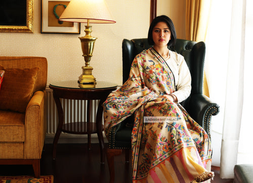 Hand Made Kani Shawl Off White With Floral Design - the ladakh art palace