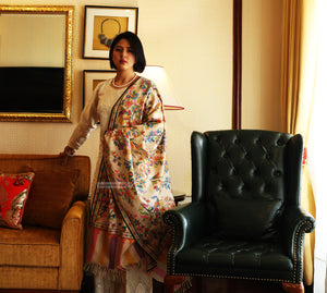 Hand Made Kani Shawl Off White With Floral Design - the ladakh art palace